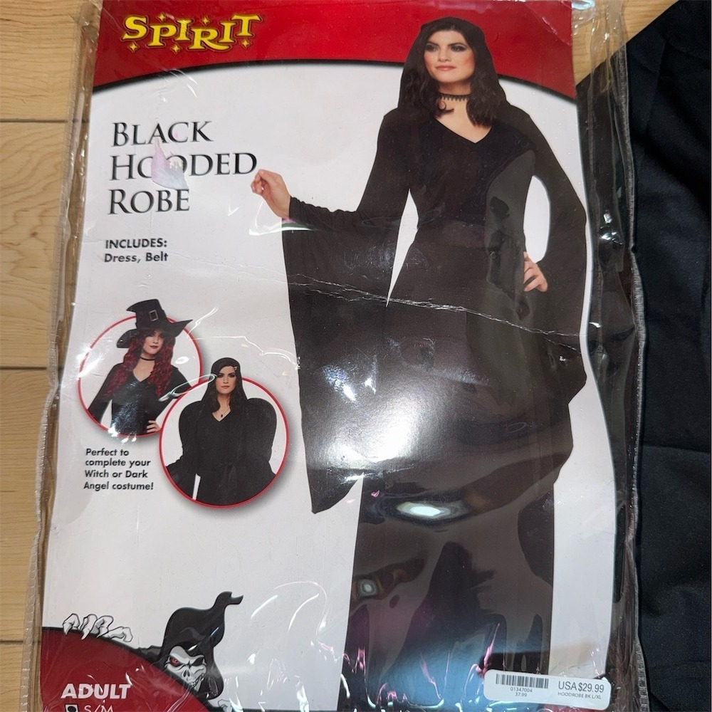 Spirit Halloween Hooded Robe Costume Womens Size S Black 4pc Set Witch jewelry